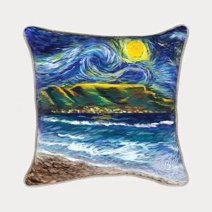 Decorative cushion featuring an impressionistic painting of Table Mountain at night, with swirling sky, bright moon, and ocean waves in bold, Van Gogh–inspired brushstrokes.