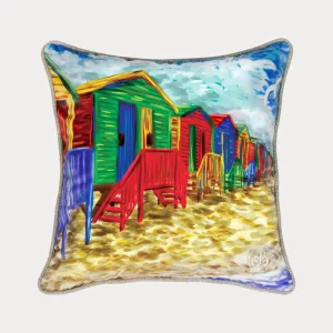 square cushion featuring a vibrant, impressionistic painting of Cape Town’s iconic colorful beach huts on golden sand.