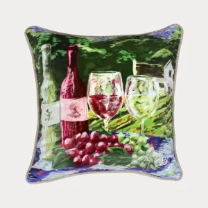 Square decorative cushion featuring an impressionistic painting of wine bottles, glasses, and grapes, set against a lush vineyard background.
