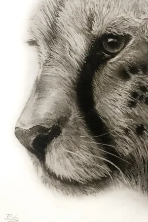 Close-up smoke art portrait of a cheetah, focusing on its eye, nose, and distinctive tear markings in fine detail.