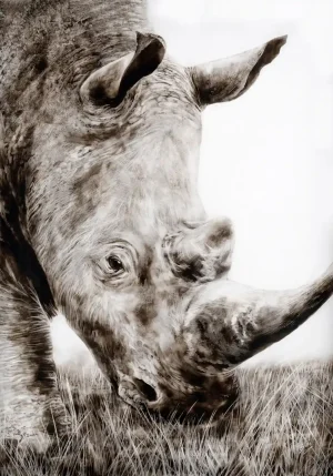 Smoke art illustration of a white rhino grazing in tall grass, its textured skin and prominent horn captured in detailed monochrome tones.