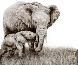 Smoke art drawing of an elephant mother standing protectively beside her calf in tall grass.