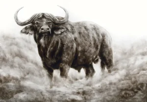 Smoke artwork of a solitary Cape buffalo bull, titled “Boesman,” standing firm in a haze of dust, symbolizing power and unpredictability.
