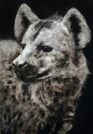 Smoke art portrait of a spotted hyena, its sharp gaze and textured fur illuminated against a dark background, revealing both power and intelligence.