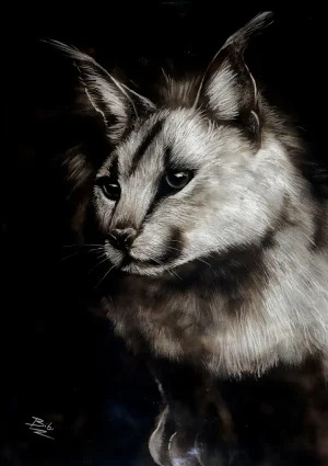 Smoke art portrait of a caracal with sharp black-tufted ears and piercing eyes, highlighting the predator’s elegance, stealth, and strength against a dark background.