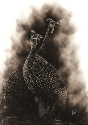 Smoke art of two guinea fowls standing alert in a cloud of dust, their speckled feathers and upright posture capturing a moment of tension and instinct in the African bushveld.