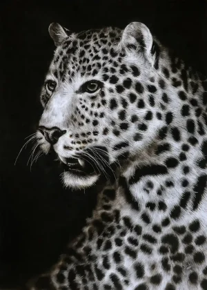 Black-and-white smoke art portrait of a leopard, showing its face in sharp detail with piercing eyes, spotted fur, and whiskers against a dark background.