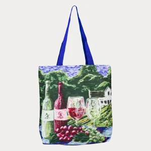 Wine and Grapes Totelier featuring an impressionistic vineyard scene with bottles, glasses, and grapes, designed by Cushea.