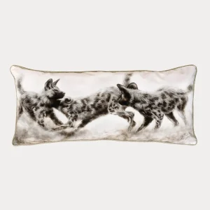Boundless Bond Deluxe Cushion featuring African wild dogs playfully interacting in wildlife art design.