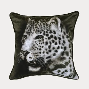 Spirited Wild Comfort Cushion featuring detailed leopard portrait in wildlife art design.
